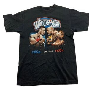 Wrestle Mania XXVIII Mens WWE Authentic Graphic Shirt Black John Cena The Rock M